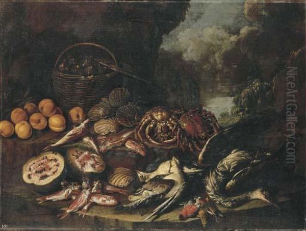 Figs In A Basket, Peaches, A 
Watermelon, Scallops, Crabs, Dead Fishand Birds On A Ledge In A 
Landscape Oil Painting by Giacomo Recco