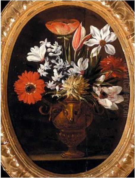 Still Life Of Various Flowers In A Bronze Vase Decorated With Bucrania, On A Stone Ledge Oil Painting by Giacomo Recco