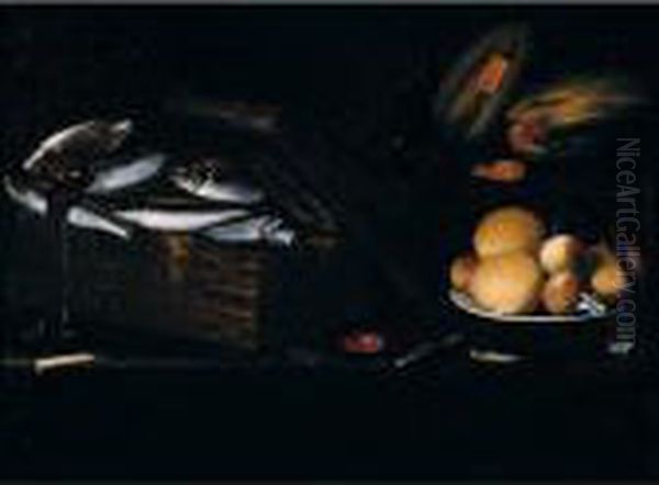 Still Life Of Fish And Squid In A
 Basket, Oranges And Peaches On A Plate, Together With Melons And A 
Knife, Arranged Upon A Table-top Oil Painting by Giuseppe Recco