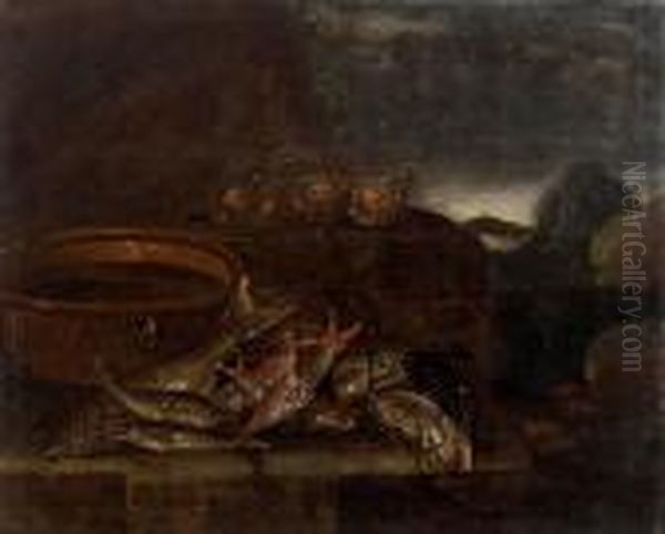 Pesci, Crostacei E Molluschi Con Una Pentola In Rame Su Un Piano Naturale Oil Painting by Giuseppe Recco