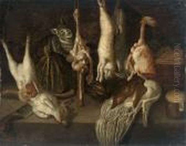 A Cat With A Dead Rabbit, Pig And Other Game On A Table With A Knife Oil Painting by Giuseppe Recco