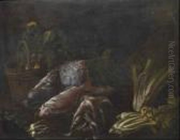 Natura Morta Con Pesci, Ortaggi E Cesta Di Vimini Oil Painting by Giuseppe Recco