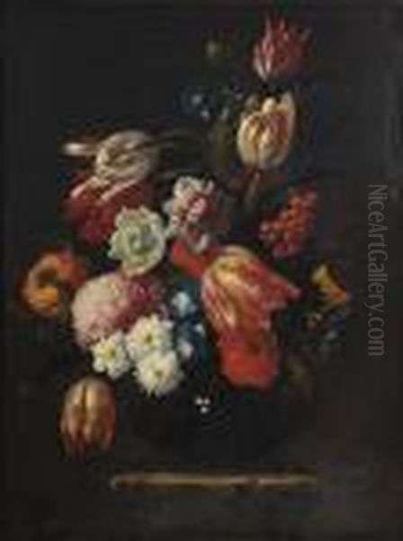 Tulips, Roses, Narcissi And Other Flowers In Aglass Vase On A Stone Pedestal Oil Painting by Giuseppe Recco