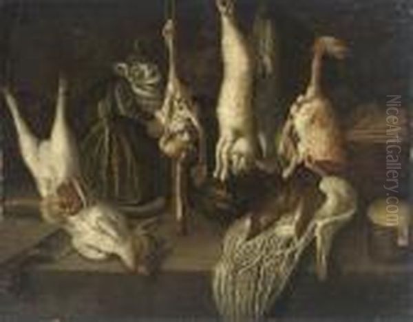 A Cat With A Dead Rabbit, Pig And Other Game On A Table With Aknife Oil Painting by Giuseppe Recco