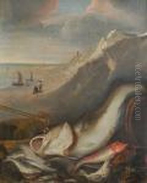 Marina Con Natura Morta Di Pesci In Primo Piano Oil Painting by Giuseppe Recco