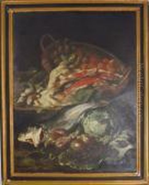 Still Life With Figs, Blackberries, Lettuce, A Basket Of Peaches,and Fish, On A Ledge Oil Painting by Giuseppe Recco