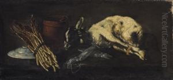 A Bunch Of Asparagus, A Porcelain Bowl, A Copper Urn, Squid And A Kid Goat On A Table Oil Painting by Giuseppe Recco