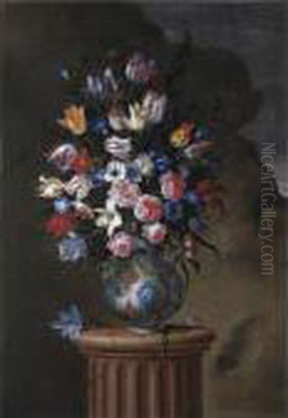 Natura Morta Con Tulipani, Rose,
 Anemoni, Campanule E Altri Fiori In Un Vaso Di Maiolica, Su Una Colonna Oil Painting by Giuseppe Recco