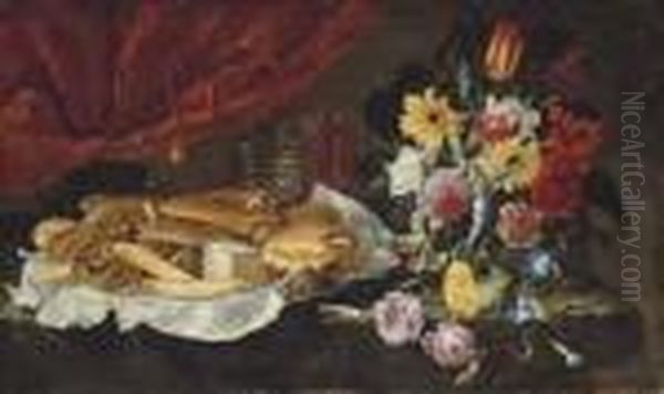 Roses, Carnations, Tulips And 
Other Flowers In A Glass Vase, With Pastries And Sweetmeats On A Pewter 
Platter, On A Stone Ledge In Front Of A Red Curtain Oil Painting by Giuseppe Recco