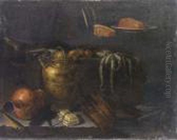 Pesci E Vasi Di Rame, Bacile Di 
Ottone E Altra Suppellettile Con Pesce, Un Polipo E Cipolle, Su Mensole 
Di Pietra Oil Painting by Giuseppe Recco