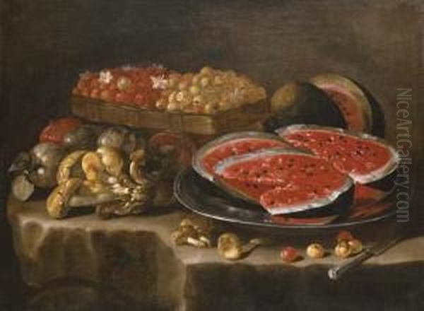 A Still Life Of Watermelon On A Silver Charger, Berries In A Basket Oil Painting by Giuseppe Recco