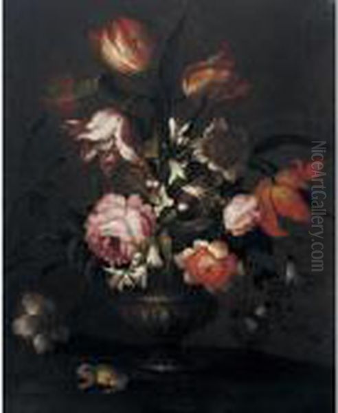 Vase Of Flowers With A Frog Oil Painting by Giuseppe Recco