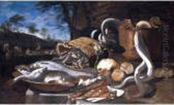 A Still Life With Various Fish 
In A Basket And Bowls, Eels, A Cat And Fruit, All Arranged Upon A Stone 
Platform, A Landscape With Fishermen Beyond Oil Painting by Giuseppe Recco