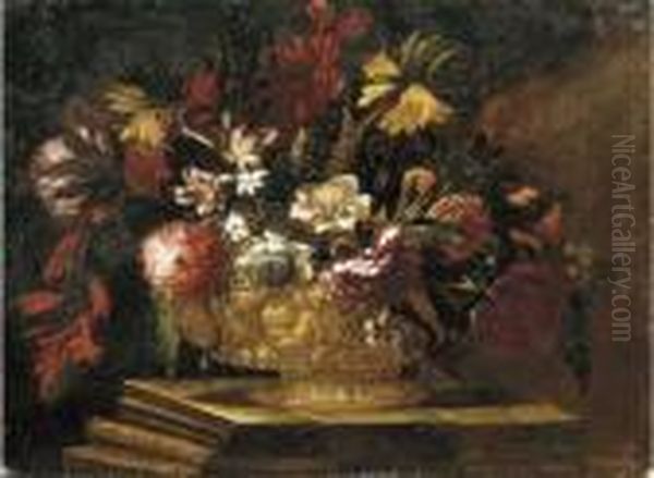 Flowers In A Decorative Gold Vase On A Stone Plinth Oil Painting by Giuseppe Recco