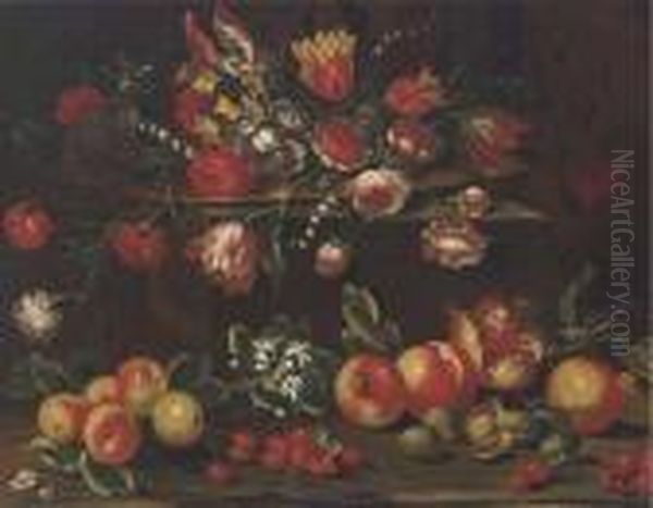 Carnations, Tulips, Roses, 
Narcissi And Other Flowers In A Dish Ona Ledge With Pomegranates, 
Cherries And Nuts Below Oil Painting by Giuseppe Recco