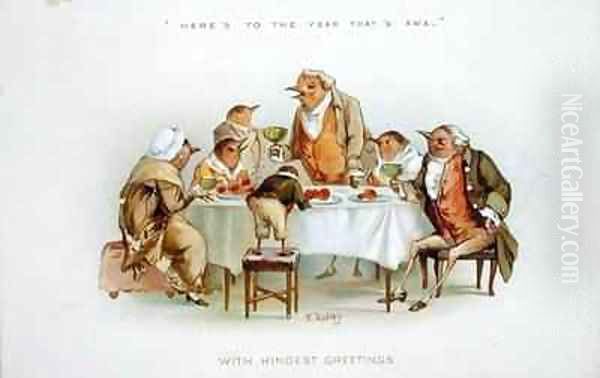 Heres to the year thats awa Victorian Christmas card Oil Painting by R. Dudley