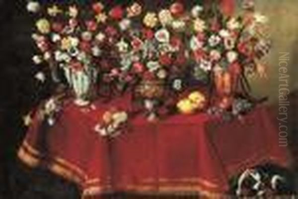 Arrangements Of Flower Bouquets 
In A Majolica Vase, A Sculptedpewter And Bronze Urn And A Ceramic Ewer 
On A Draped Octagonaltable With Two Lemons And Other Flowers, With A Pug
 Restingbelow Oil Painting by Giuseppe Recco