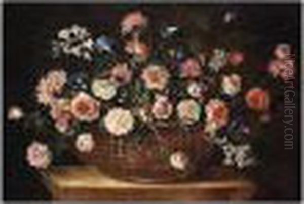 Still Life Of Flowers In A Wicker Basket Upon A Stone Plinth Oil Painting by Giuseppe Recco