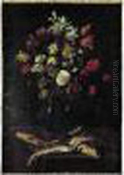 Nature Morte Au Bouquet De Fleurs Dans Un Vase En Verre Et Aux Poissons Oil Painting by Giuseppe Recco