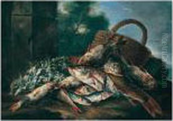 Still Life Of Fish, A Wicker Basket And Celeriac In A River Landscape Oil Painting by Nicola Maria Recco