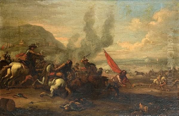 A Cavalry Skirmish Before A Hillsidetown Oil Painting by Christian Reder