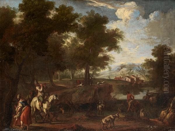 Horsemen In A River Landscape, With A Village In The Distance Oil Painting by Christian Reder