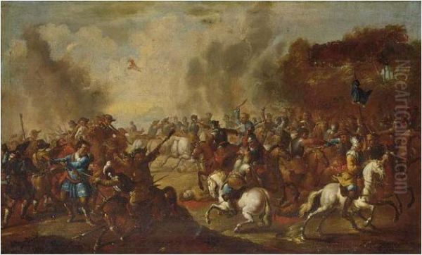 A Cavalry Battle Scene Oil Painting by Christian Reder