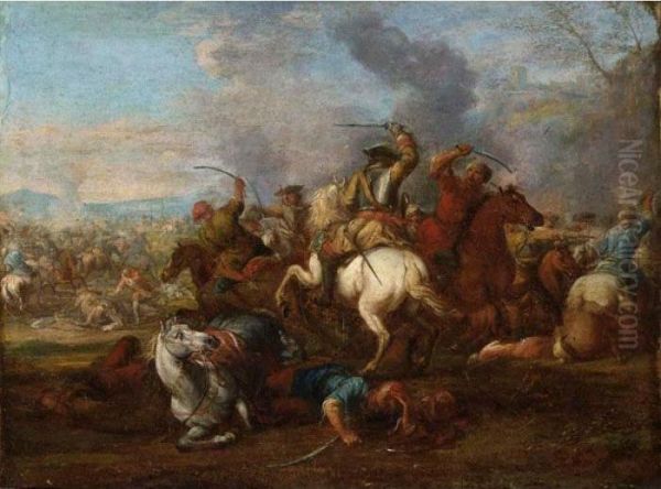 A Cavalry Battle Scene Between Christians And Turks Oil Painting by Christian Reder