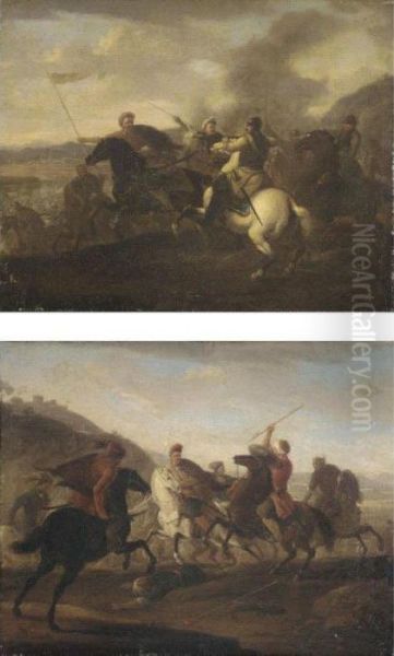 A Pair Of Cavalry Skirmishes Between Turks And Christians Oil Painting by Christian Reder