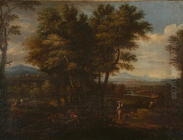 Figures In An Extensive Italianate Landscape Oil Painting by Christian Reder