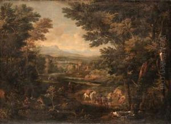 An Extensive Italianate River 
Landscape With Travellers Andpackmules On A Track, A Villa Beyond Oil Painting by Christian Reder