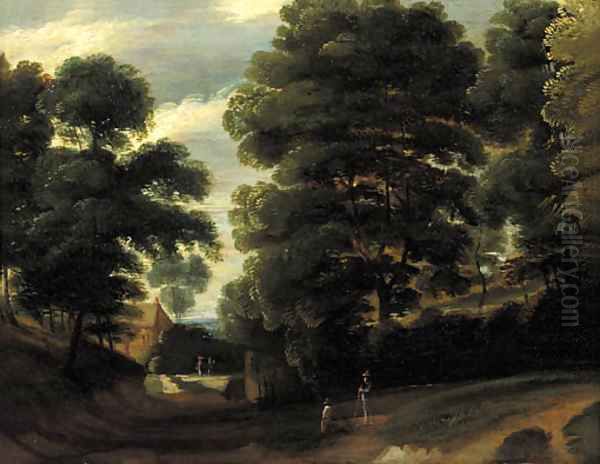 Travellers on a road in a wood, a farm beyond Oil Painting by Jaques D'Arthois