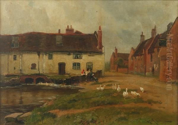 Ducks By A Village River Oil Painting by Arthur Walker Redgate