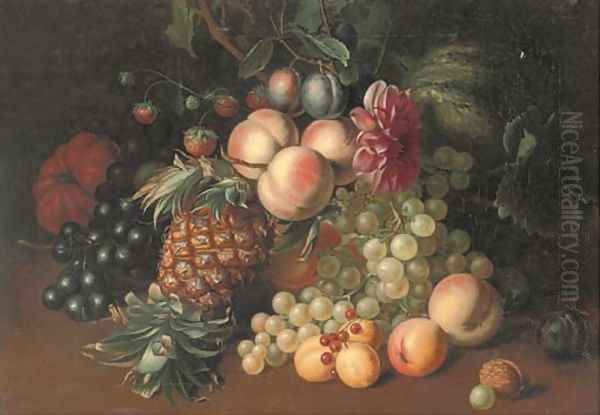 Still life of grapes, peaches, strawberries, a melon, pumpkin, pineapple, with an acorn to the side Oil Painting by Arthur Charles Dodd