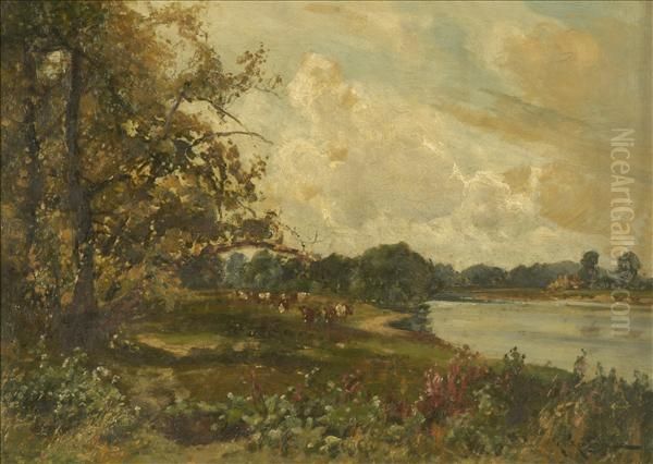 The Windingtrent, Cattle In Riverside Pasture Oil Painting by Arthur Walker Redgate