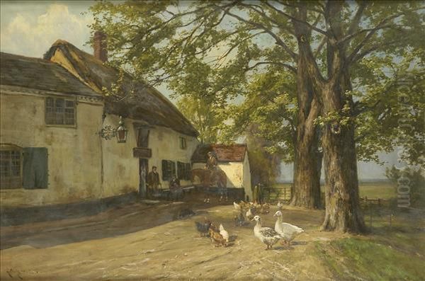 The Ferry Inn,wilford, Nottingham, With Figures, Horse, Dog, Geese And Chickens Oil Painting by Arthur Walker Redgate