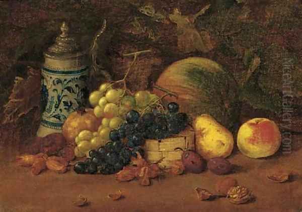 A tankard with grapes, plums, an apple, a melon and hazlenuts Oil Painting by Arthur Charles Dodd