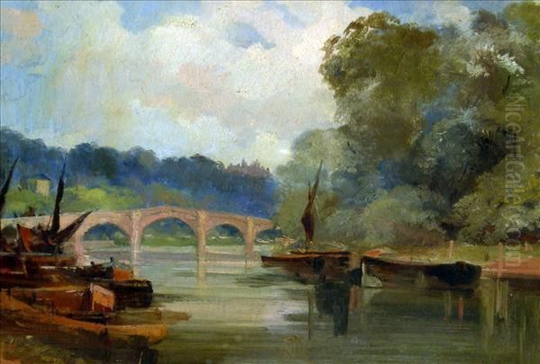 Landscape With Bridge And Moored Barges Oil Painting by Arthur Walker Redgate