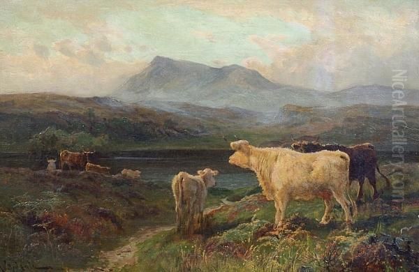 Highland Cattle Beside A Loch Oil Painting by Arthur Walker Redgate