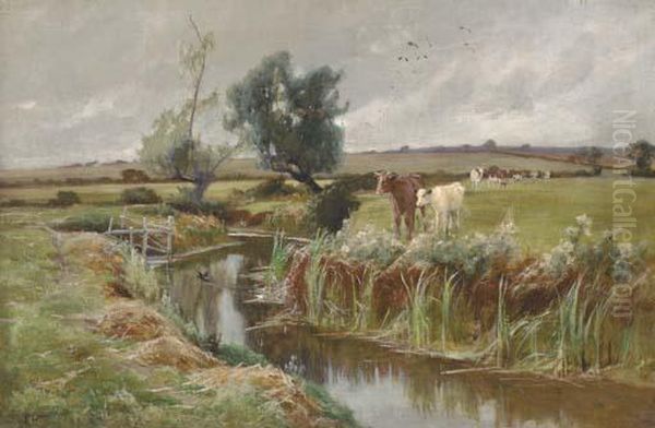 Cattle By A Stream Oil Painting by Arthur Walker Redgate