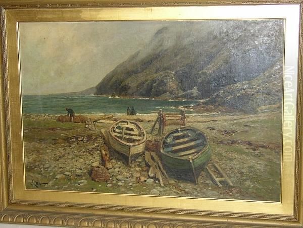 Moored Boats Before A Headland Oil Painting by Arthur Walker Redgate