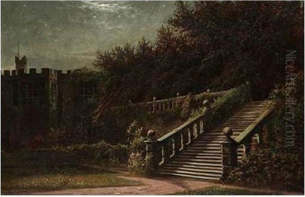 The Terrace, Haddon Hall, Derbyshire By Moonlight Oil Painting by Arthur Walker Redgate