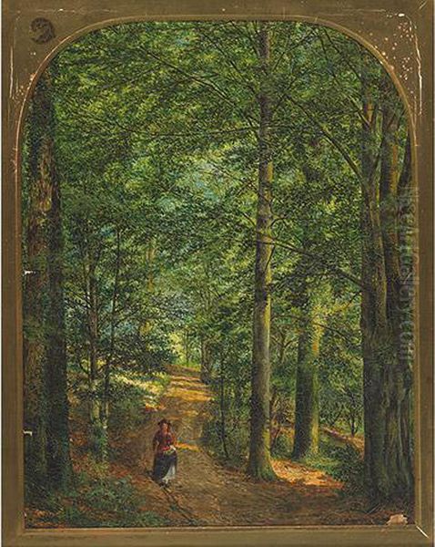 Girl On A Sunlit Woodland Path Oil Painting by Richard Redgrave