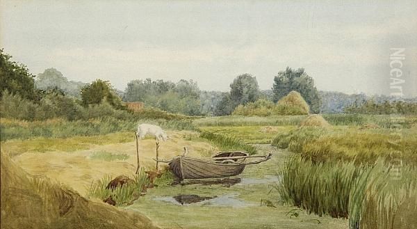 Boat In A Marsh Landscape Oil Painting by Richard Redgrave