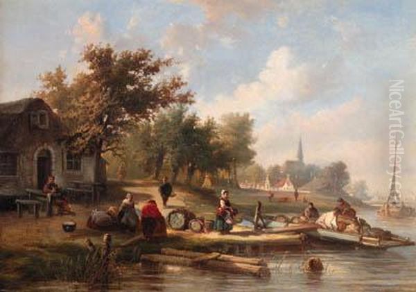 View Of A Town Along A River With Townsfolk On A Jetty Oil Painting by Laurent Herman Redig