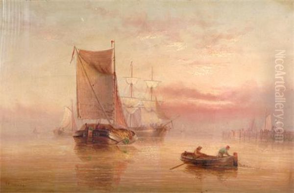 Fishing & Other Boats, Fisherman In Small Boat In Theforeground Oil Painting by Edward King Redmore