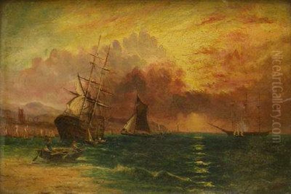 Boats Off The Coast At Sunrise Oil Painting by Edward King Redmore