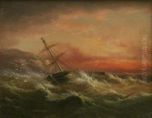 Wreck Off The Coast At Sunset & Rugged Cliffs Oil Painting by Edward King Redmore