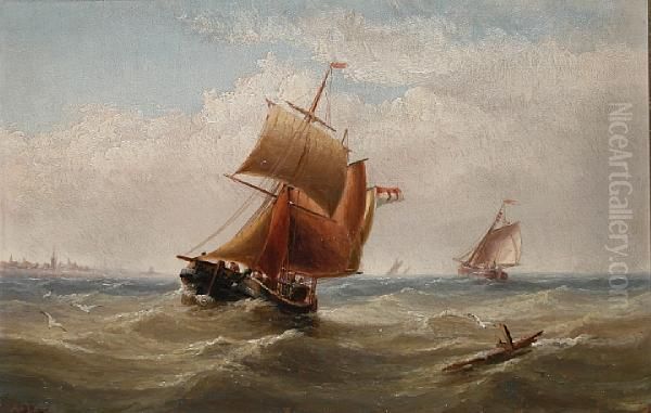 Shipping On A Breezy Day Off The Coast; Shipson A Calm Day In The Estuary Oil Painting by Edward King Redmore