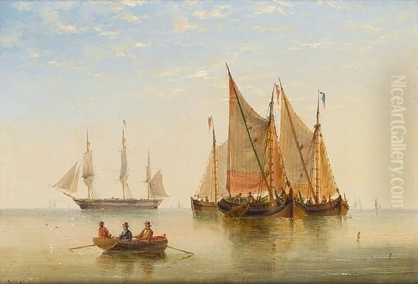 Barges In A Calm Offshore, With A Frigate Drying Her Sails Beyond Oil Painting by Edward King Redmore